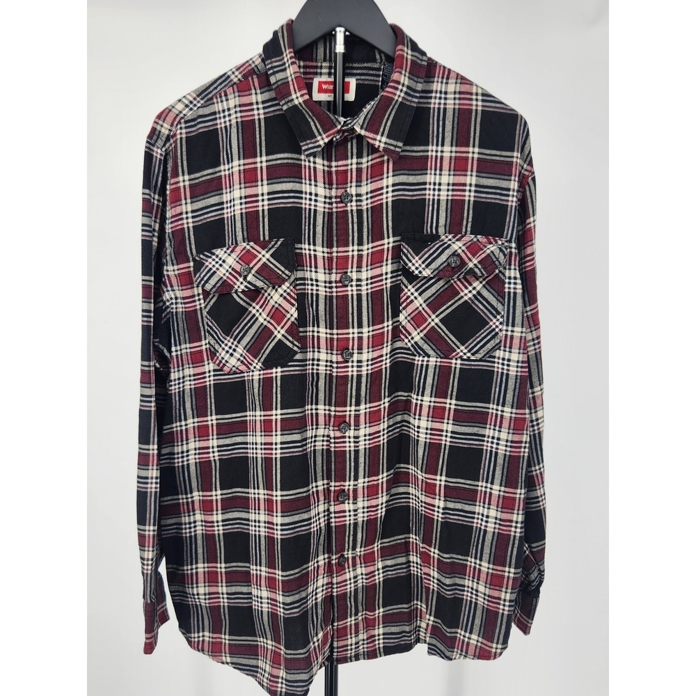 Wrangler Mens Plaid Flannel Button Down Shirt Red Black White Large L